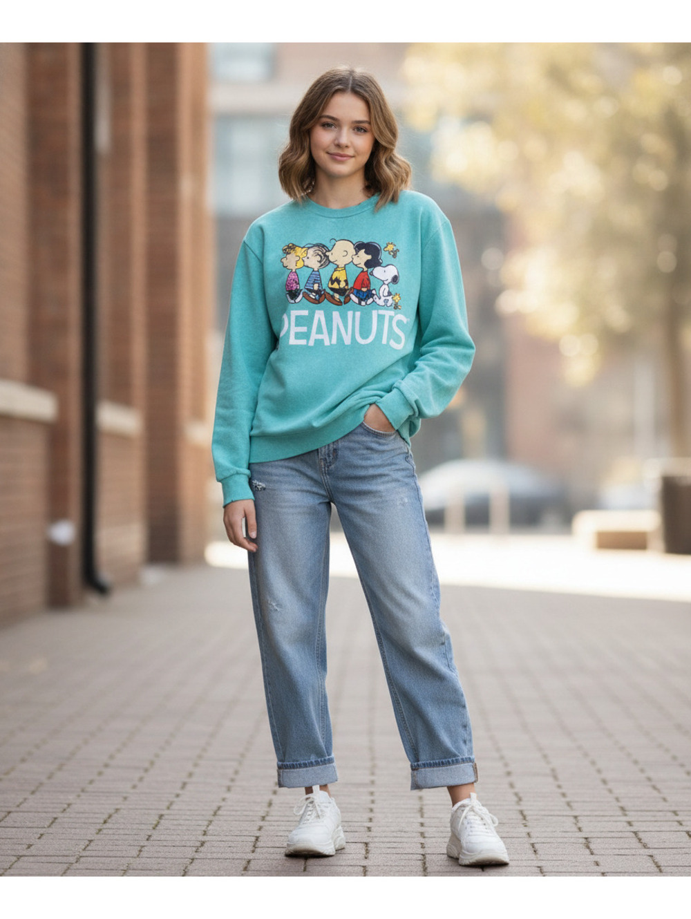 Peanuts Crewneck Sweatshirt in Aqua Blue with Iconic Cartoon Characters, Size S